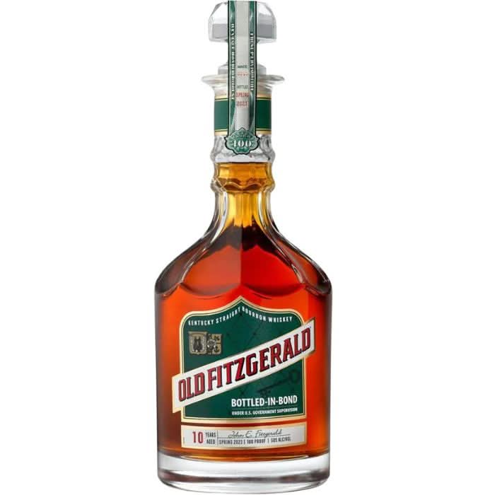 A bottle of Old Fitzgerald 10 Year Bottled-in-Bond Bourbon Spring 2023, featuring its elegant packaging and rich amber color.