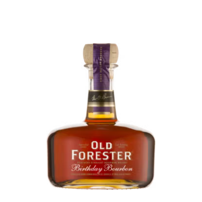 A bottle of Old Forester Birthday Bourbon – 2013 Release, featuring its signature round decanter-style design, rich amber bourbon inside, and a commemorative label celebrating George Garvin Brown's birthday.