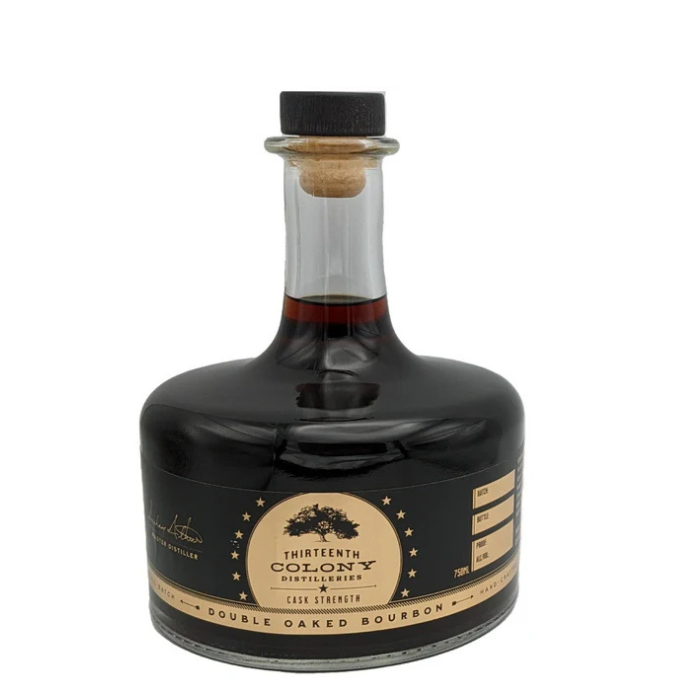 Thirteenth Colony Cask Strength Double Oaked Bourbon bottle, featuring a premium limited-release label and high-proof designation.