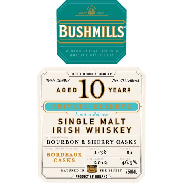Bushmills 10 Year Old Private Reserve Bordeaux Cask Finished Whiskey