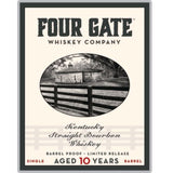Four Gate Foundation 10-Year Single Barrel Bourbon bottle, cask-strength and non-chill filtered, offering deep, complex flavors from a decade of aging