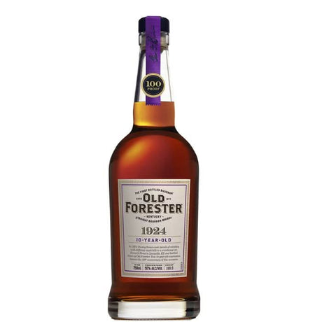 Bottle of Old Forester 1924 10-Year-Old Kentucky Straight Bourbon Whisky, with a vintage-style label and a deep amber hue, placed against a classic backdrop.