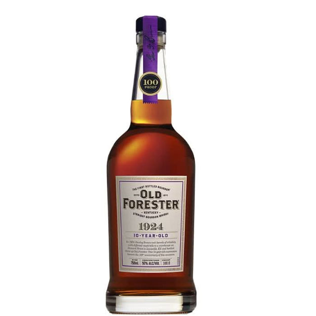 Bottle of Old Forester 1924 10-Year-Old Kentucky Straight Bourbon Whisky, with a vintage-style label and a deep amber hue, placed against a classic backdrop.